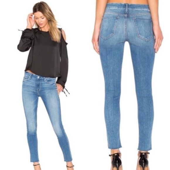 Mother Looker Ankle Fray Hem Birds of Paradise Blue Skinny Stretch Jeans size 25 - Picture 15 of 15